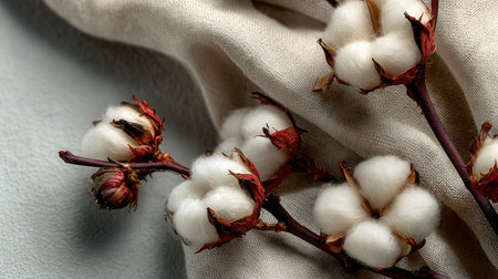 This image displays several cotton plant blooms, featuring soft white fibers and brown stems. The composition includes a neutral-toned fabric that provides a textural backdrop. The lighting appears soft, highlighting the delicate textures of the cotton. Suitable for various applications, including design, and illustration.の素材