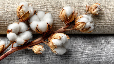 The image features close-up details of cotton bolls on a brown branch, against a backdrop of textured fabric. The composition displays soft white cotton contrasting with the brown stems and beige background. This visual could be utilized for various commercial and illustrative projects.の素材