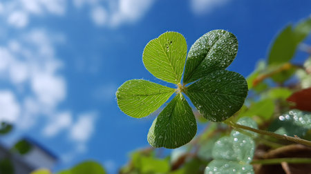 A vibrant image shows a four-leaf clover in sharp focus, adorned with water droplets. The clover's bright green hue contrasts with the blurred, bright blue sky filled with fluffy white clouds. The composition utilizes shallow depth of field, suggesting an outdoor environment with ample sunlight, perfect for visual marketing.の素材