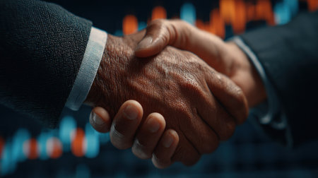 Two individuals shake hands, indicating a successful agreement. The image focuses on the hands, highlighting the gesture of collaboration. Dark suits contrast with skin tones, set against a blurred background. The composition suggests teamwork and can be used for various commercial or editorial applications.の素材