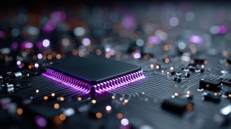 This image showcases a close-up of a central processing unit on a circuit board, bathed in cool lighting. The composition emphasizes technical detail with vibrant, glowing elements. The image displays a modern, high-tech aesthetic, suitable for presentations and technology-related publications, highlighting advancements in computer hardware.の素材