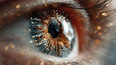 This image features a detailed close-up of a human eye, highlighting the iris and pupil with a focus on light reflections. The eye is set against a blurred background, suggesting depth and dimension. The textures and color gradients create a sense of mystery. Suitable for scientific, artistic, or conceptual projects.の素材