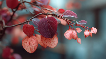 A close-up captures a branch with heart-shaped leaves displaying shades of red and purple. The leaves, with visible veins, are set against a blurred backdrop. Soft lighting and a shallow depth of field create a tranquil feel, suitable for various editorial and commercial applications. The composition suggests a natural environment.の素材