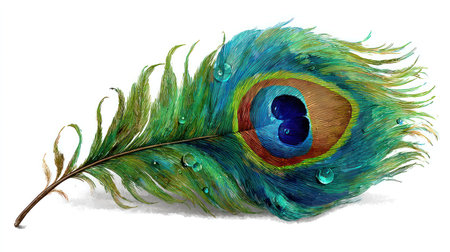 This image showcases a single peacock feather featuring shades of blue, green, and brown. Water droplets adorn the feather, enhancing its texture. The high-angle composition is set against a clean white background, providing space for various applications. It can be used for design projects and commercial purposes.の素材