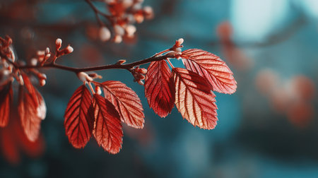 This image showcases a close-up of red leaves attached to a slender branch. The composition highlights the texture and color of the leaves against a softly blurred background of teal and muted tones. The natural lighting suggests an outdoor setting, offering potential applications for various visual content needs.の素材