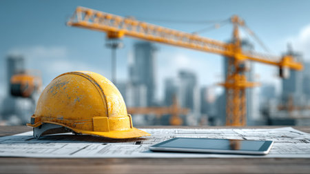 A close-up view depicts a yellow hard hat resting on a blueprint alongside a tablet computer. The background reveals a construction crane with a blurred city skyline. The image suggests planning and design within an outdoor environment with daylight conditions. Suitable for architecture, engineering, or real estate applications.の素材