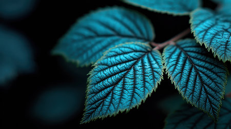 This image showcases a close-up of teal-colored leaves, displaying intricate vein patterns. The leaves are set against a deep black background, creating a high-contrast composition. The image's sharp focus and strong lighting highlight the leaves' texture and form. Suitable for various applications, including print and digital media, as well as editorial purposes.の素材
