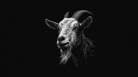 This black and white image displays a detailed portrait of a goat. The subject exhibits textured fur and curved horns against a dark backdrop. The composition is likely captured using studio lighting. This image could be suitable for various commercial purposes, including marketing and educational materials.の素材