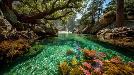 A stream of clear water flows through a forest, reflecting sunlight and creating a vibrant scene. The image showcases the natural beauty of the environment, with green foliage and light reflecting from the water. It could be used for various purposes, including promotional materials or editorial content.の素材
