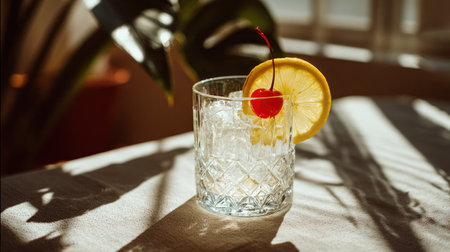 A refreshing cocktail glass contains ice cubes, garnished with a lemon slice and a vibrant red cherry. The composition features strong sunlight casting shadows across a textured wooden surface. This image could be used in advertising material or editorial content related to beverages.の素材