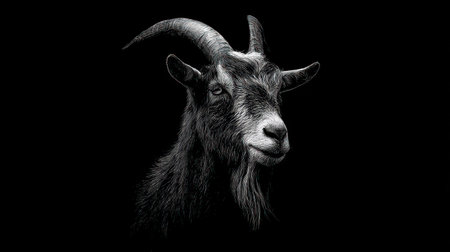 A grayscale portrait presents a goat head with prominent horns and a long beard, set against a stark black backdrop. The image features high contrast, highlighting textures and details. This studio-style shot is suitable for editorial projects and various commercial applications needing a striking visual element.の素材
