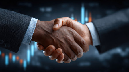 Two people, dressed in professional attire, are engaged in a handshake. The image emphasizes the clasped hands, highlighting the gesture. The background features a blurred display of financial data in blue and red tones. This image is suitable for various commercial uses related to business and finance.の素材