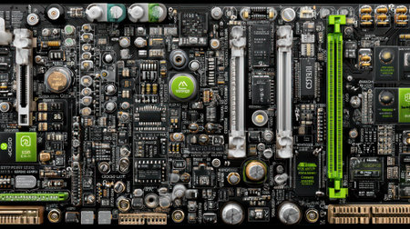 This image showcases a detailed view of a computer motherboard, packed with electronic components. The composition highlights the complex arrangement of chips, connectors, and circuits. The color palette includes various shades of gray, green, and black. This image could be useful for illustrating technology or electronics concepts and purposes.の素材