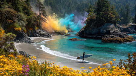 A vibrant coastal scene presents a beach with a lone surfboard. The water transitions from turquoise to a deeper blue, contrasted by colorful plumes of smoke. The composition features a mix of textures and lighting, with yellow flowers in the foreground. This image could be used for travel, adventure, or scenic themes.の素材