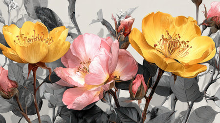 This image showcases an arrangement of colorful flowers in full bloom, highlighted against a muted background. The composition features vivid yellow and soft pink petals, with a delicate depiction of leaves and stems in grayscale. This botanical illustration could be suitable for various design projects, including decorative art and print media.の素材