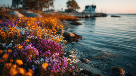 Vibrant wildflowers in various colors grow along a shoreline, bathed in soft sunlight. The composition features a shallow depth of field, with blurred water and a distant building. The image's natural beauty lends itself to various commercial and editorial applications, offering a sense of tranquility.の素材