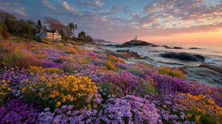 A coastal landscape features a field of colorful flowers along a rocky shoreline. A lighthouse stands on a small island, illuminated by the warm light of a sunset. The sky displays a blend of colors. This image is suitable for various commercial uses, including travel and nature themes.の素材