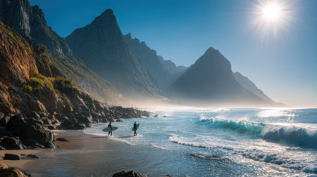 The image captures a coastal scene with majestic mountains rising above the water. Two individuals are seen carrying surfboards into the ocean. The composition is bright with vivid colors, and a strong sunlight. The photograph could be used for various purposes, including promotional materials.の素材