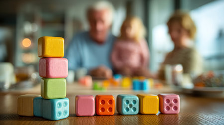 A vibrant stack of colorful dice stands prominently in the foreground. Various colored dice are arranged on a wooden surface. The composition features soft lighting and a shallow depth of field, blurring the background. This image could be suitable for illustrating family activities or educational concepts.の素材