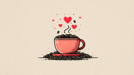 An illustrated coffee cup overflowing with coffee beans, accompanied by floating heart shapes, is placed on a beige backdrop. The artwork showcases a flat design with soft colors and simple lines. It could be used for various purposes, including promotional materials or design elements for commercial projects.の素材