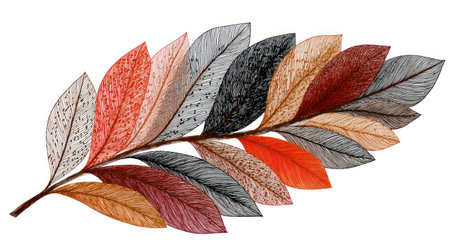 This image features a detailed, hand-drawn illustration of a single leaf with multiple colors. The artwork showcases various hues, including reds, oranges, browns, and grays. The composition has a clean, isolated appearance, suggesting a possible use for design elements. It could be suitable for various commercial purposes.の素材