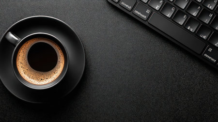 A top-down view displays a black coffee cup and saucer beside a portion of a keyboard. The warm coffee contrasts with the dark, matte surface. The image presents a minimalist, modern aesthetic with strong lighting. Suitable for articles about work, technology, or business.の素材