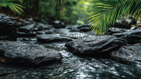 This image showcases a close-up of dark river rocks with flowing water, complemented by vibrant green foliage. The composition employs selective focus, creating depth and highlighting textures. The scene suggests a natural environment, possibly a forest or jungle, and could be utilized for various commercial and editorial projects.の素材