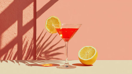 A vibrant cocktail is presented in a stem glass, garnished with a lemon slice. The image showcases a pink background, with the shadow of a leafy object. The lighting creates strong contrast and texture. This image could be suitable for food and beverage promotion, or editorial content.の素材