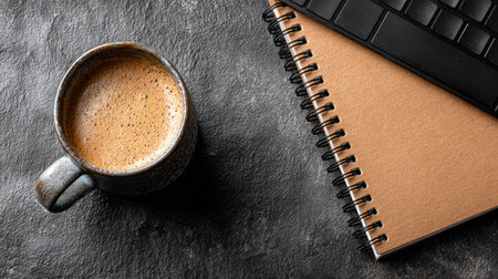 An overhead shot reveals a coffee cup beside a spiral notebook and keyboard, positioned on a dark textured surface. The scene is illuminated by soft lighting, highlighting the textures and shapes of the objects. Suitable for various projects, it can be used to symbolize work, planning, and focus.の素材