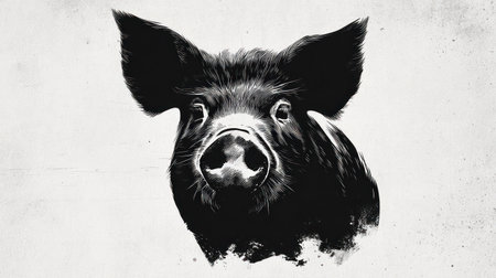 A striking black and white portrait depicts a wild boar against a simple white backdrop. The animal's fur and features are rendered with detailed texture. This artistic image, featuring strong contrast and a focus on the subject, could be suitable for various design, advertising, or editorial purposes.の素材