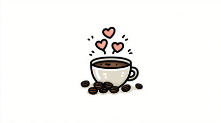 An illustrated coffee cup, overflowing with dark liquid, is depicted with three floating hearts above. A cluster of coffee beans rests beside the cup. The simple, cartoon style illustration uses a limited color palette against a clean white backdrop. Suitable for various design projects and commercial applications.の素材