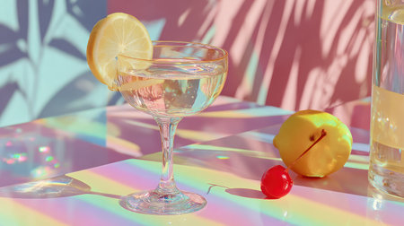 A cocktail glass containing a clear liquid with a lemon slice garnish is the focal point. A red cherry and a whole lemon rest nearby. The scene is illuminated by colored light, casting shadows of palm leaves. Suitable for use in advertising campaigns or editorial content related to beverages or relaxation.の素材
