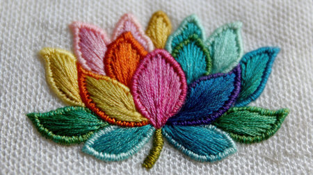 This image presents a close-up view of a hand-embroidered floral design. The artwork features vibrant colors including pink, orange, yellow, and green, arranged in a symmetrical pattern. The texture of the embroidery is evident on the white fabric background. Suitable for textile, design, or decorative applications.の素材