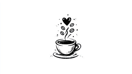 A detailed illustration depicts a coffee cup with steam rising, accompanied by coffee beans and a heart. The artwork utilizes a monochromatic palette with contrasting shades and textures. It presents a simple composition, ideal for use in various design projects for both commercial and editorial purposes. The clean aesthetic is adaptable for diverse applications.の素材