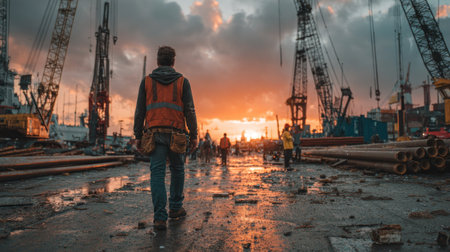 A construction worker is viewed from the back, walking across a wet industrial site. The scene features construction cranes, and other equipment silhouetted against a dramatic sunset. The image is characterized by a high-angle composition with warm colors, creating a sense of activity. Suitable for editorial and commercial use.の素材