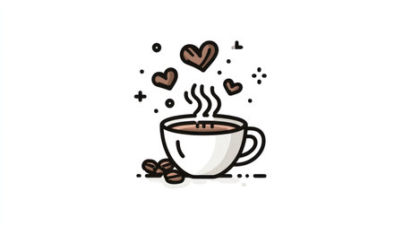An illustration depicts a coffee cup emitting steam with several heart shapes above. The design utilizes a clean, cartoon style with crisp outlines and contrasting colors. This artwork evokes a feeling of warmth, potentially suitable for promotional materials or editorial content with themes of love.の素材