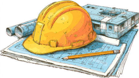 An illustration depicts a yellow hard hat and a pencil resting atop architectural blueprints. The composition also includes a building model. The scene is illuminated by overhead lighting, casting shadows. Suitable for use in design, construction, or conceptual projects, the image has potential for commercial applications.の素材