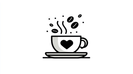 A vector illustration depicts a coffee cup with a heart symbol and steam rising. Coffee beans are suspended above. The artwork uses a minimalist style with black outlines and shading on a white backdrop, suggesting an isolated studio setting suitable for commercial use.の素材