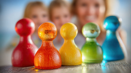 A close-up view displays a row of five brightly colored game pieces. Their rounded forms sit against a softly blurred background. The pieces exhibit a slight transparency and play with light. This image could be used for illustrating concepts of teamwork, strategy, or entertainment in various media.の素材