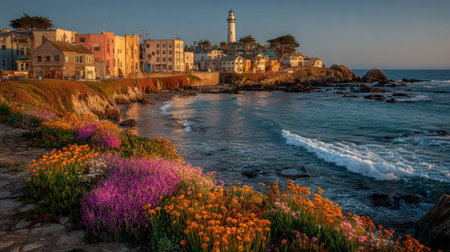 A scenic view captures a coastal village illuminated by warm sunlight. Buildings of various colors stand along the shoreline near a lighthouse, and vibrant flowers bloom in the foreground. The composition highlights the sea, sky, and elements of nature. Suitable for travel, tourism, and various commercial projects.の素材