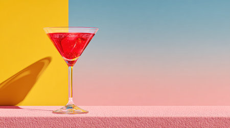 A vibrant image features a cosmopolitan cocktail in a stemmed glass against a colorful backdrop. The drink's red hue contrasts with the yellow, pink, and blue gradient. The composition emphasizes the glass's elegant form. This imagery could be used for promoting food and beverage products, or for general design needs.の素材
