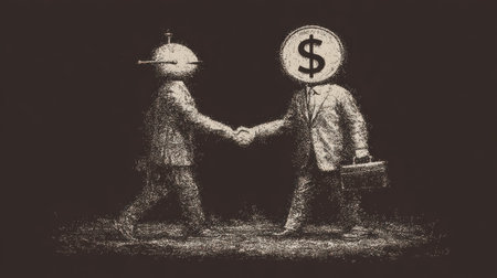 This black and white artwork portrays two figures engaged in a handshake. One figure has a head shaped like a dollar symbol and holds a briefcase, while the other figure appears robotic. The composition utilizes simple lines and a dark background. It is suitable for diverse commercial applications and could be used to illustrate business or financial concepts.の素材