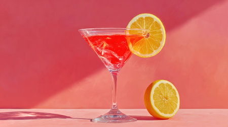 A vibrant cocktail is displayed in a stemmed glass with a lemon slice garnish. The red liquid contrasts with the clear glass against a smooth pink backdrop. The image utilizes overhead lighting and creates a simple, clean composition. Suitable for commercial projects involving beverages, food styling, and lifestyle content.の素材