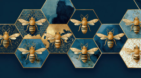 This image presents several bees meticulously arranged on a hexagon-shaped pattern. The design incorporates shades of blue and gold. The composition appears decorative, possibly suited for a range of commercial applications like textiles or wall art. The style features a mix of textures and a visually balanced arrangement.の素材