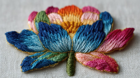 This image presents a close-up view of a vibrant, embroidered flower. The artwork features a variety of colors, including blue, pink, orange, and green, suggesting a handmade quality. The composition highlights the detailed texture of the embroidery. Suitable for various creative projects and editorial content.の素材