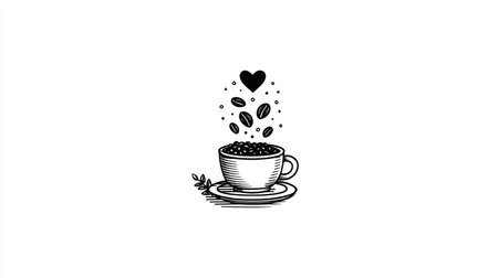An illustration depicts a coffee cup filled with beans, suggesting the pouring of fresh coffee. The black and white design features delicate lines and shadows, with beans and a heart floating above. This creative image could be used for various purposes such as cafe branding, coffee shop menus, and related editorial content.の素材