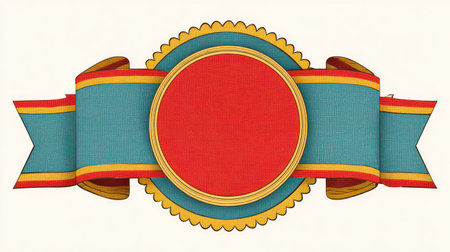 This image presents a stylized ribbon banner design featuring a central red circle surrounded by a scalloped blue and gold border. The ribbon itself is teal, with red and gold accents. The graphic has a flat, illustrative style, suitable for various design applications. It can be used for promotional materials or editorial content.の素材