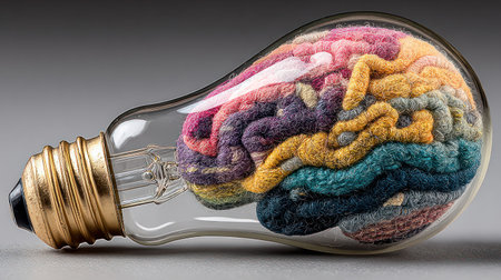 A close-up view presents a human brain, constructed from colorful strands, enclosed within a clear light bulb. The composition uses neutral tones, the textures are emphasized, and the lighting is even. This image evokes concepts of thought, ideas, and creativity, suitable for various editorial and commercial applications.の素材
