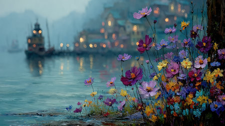 A vibrant artistic composition showcases colorful flowers in the foreground, with a serene coastal scene in the background. The image features soft watercolor textures, gentle lighting, and a palette of purples, blues, and yellows. This artwork is suitable for various commercial uses, including illustrations and decorative purposes.の素材