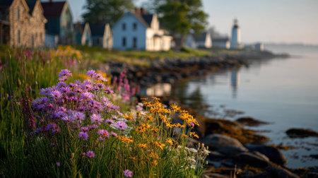 A close-up view of vibrant wildflowers in the foreground complements the distant coastal homes and lighthouse. The scene showcases soft sunlight, creating a warm, inviting atmosphere. The composition is well-balanced, emphasizing natural beauty and potential use in travel, landscape, or editorial projects. It portrays a tranquil, seaside environment.の素材
